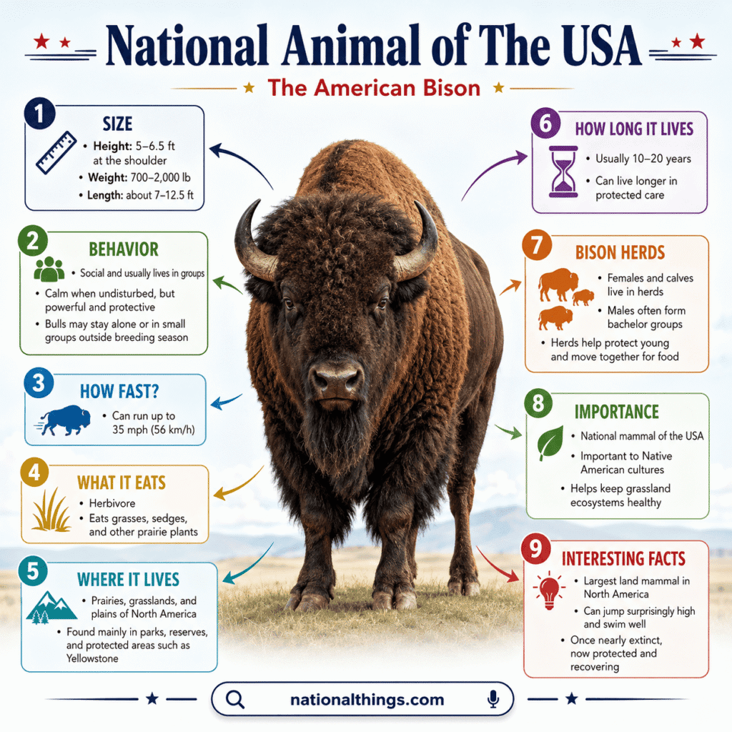 Discover the American bison, national animal of the USA, with facts about its history, symbolism, habitat, traits, and cultural importance.