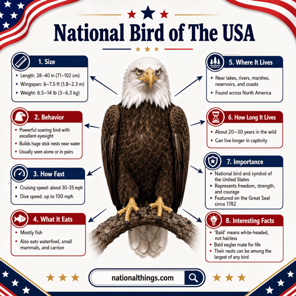 Discover the bald eagle, national bird of the USA, with facts about its symbolism, habitat, diet, speed, lifespan, and national importance.